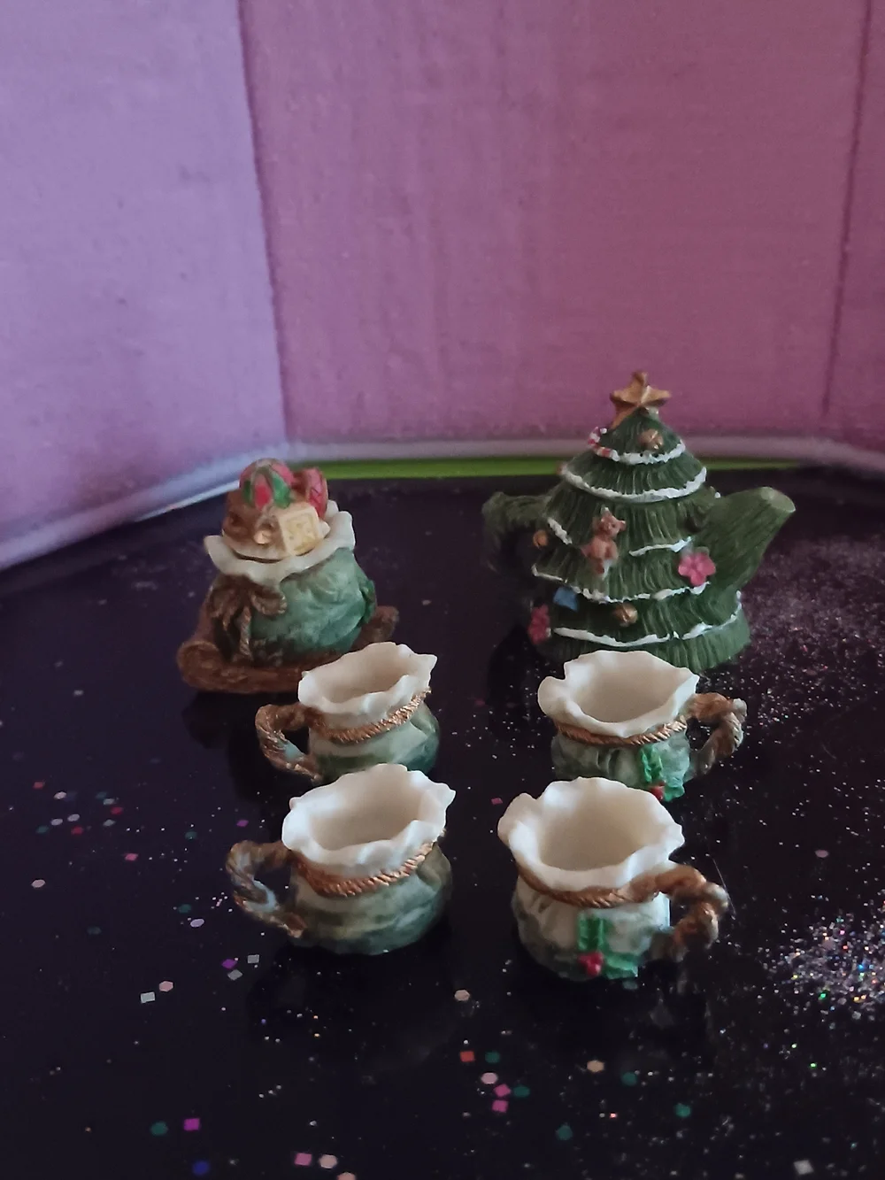 Vintage Mini Tea Set Holiday Tree Design - Green
